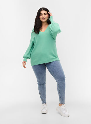 Knitted blouse with v-neck and puff sleeves, Dusty Jade Green Mel, Model image number 2