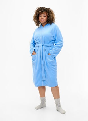 Morning robe with zipper and hood, Della Robbia Blue, Model image number 2