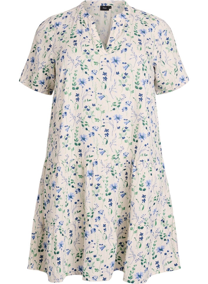Short A-line dress in cotton muslin, Beige, Packshot image number 0