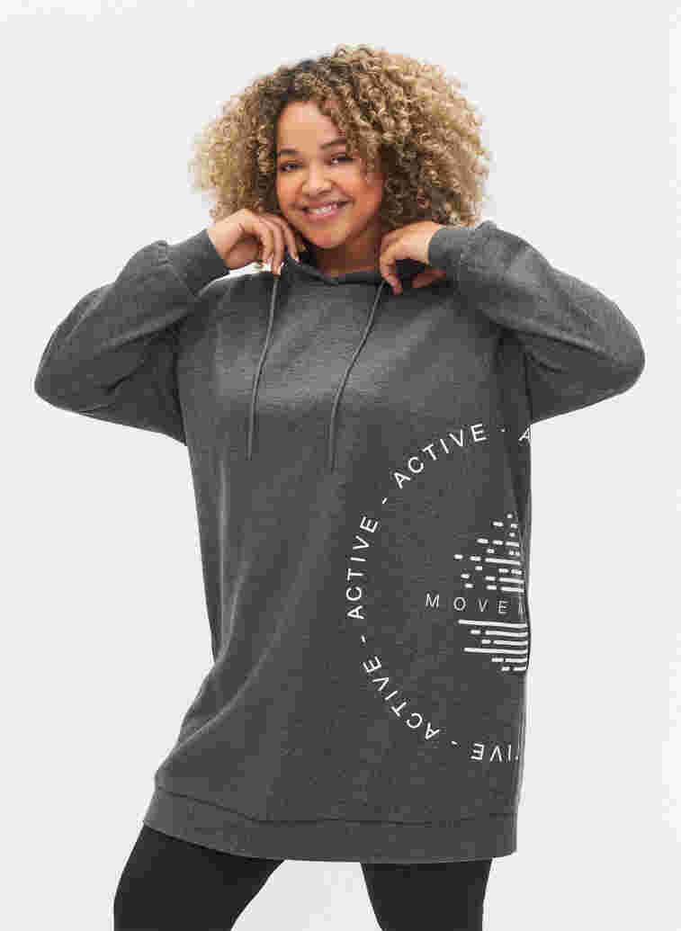 Long sweatshirt with a hood and print details, Dark Grey Melange, Model image number 0