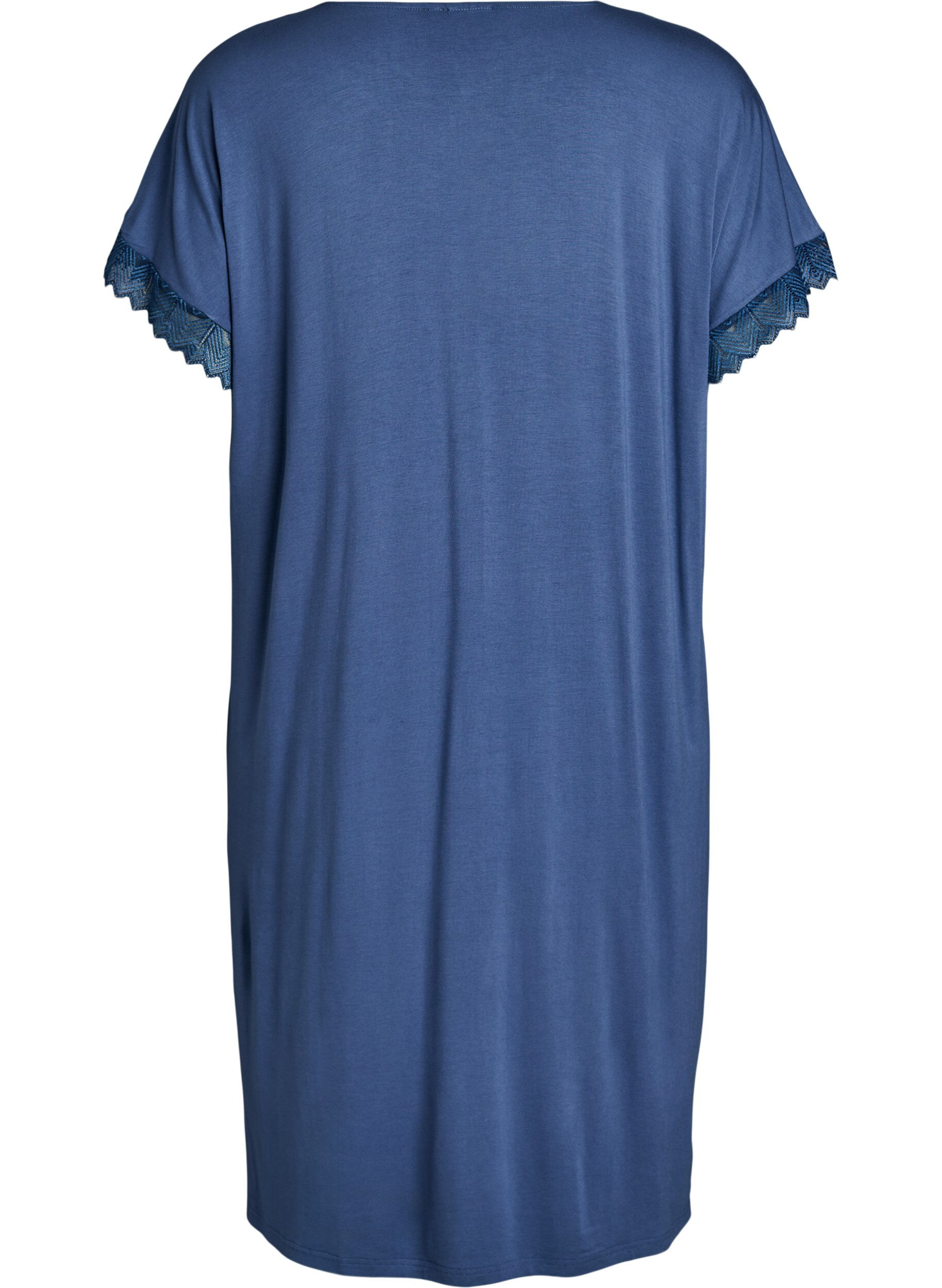 Zizzifashion Viscose nightgown with short sleeves and lace trim, Blue, Packshot image number 1