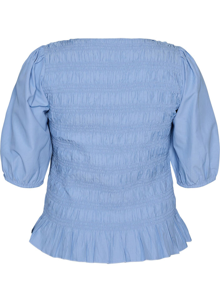 Smock blouse with a ruffle hem and boat neck, Blue, Packshot image number 1