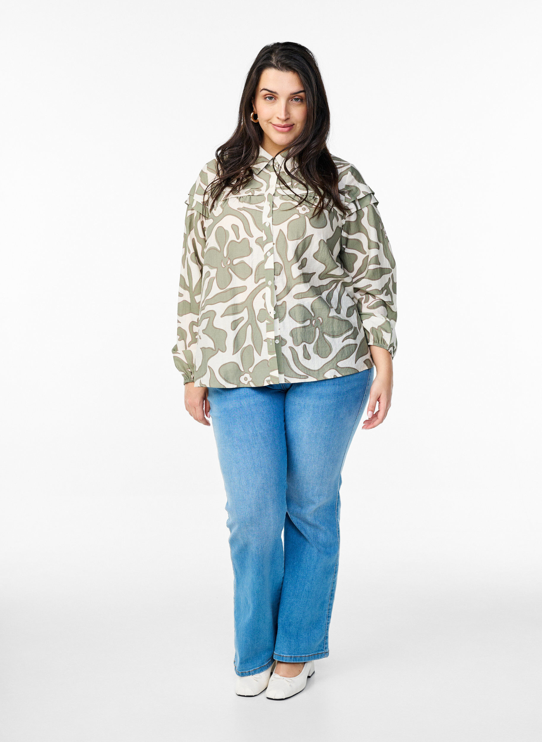 Zizzifashion Printed shirt blouse with ruffle details, Green, Model image number 1