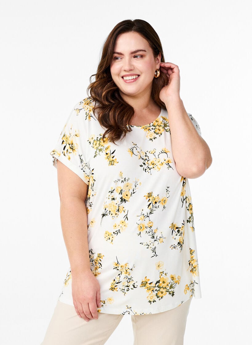 T-shirt with floral print, Yellow, Model image number 0