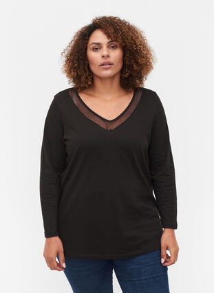 Long-sleeved cotton blouse with mesh, Black, Model image number 0