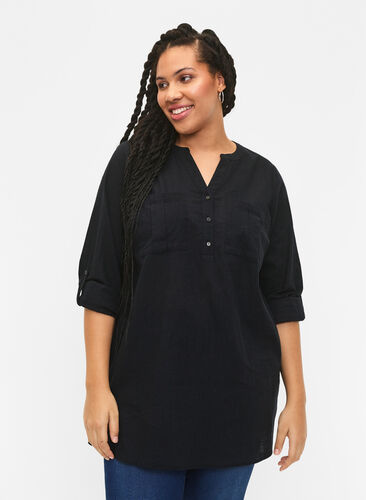 Tunic in cotton with 3/4 sleeves, Black, Model image number 0