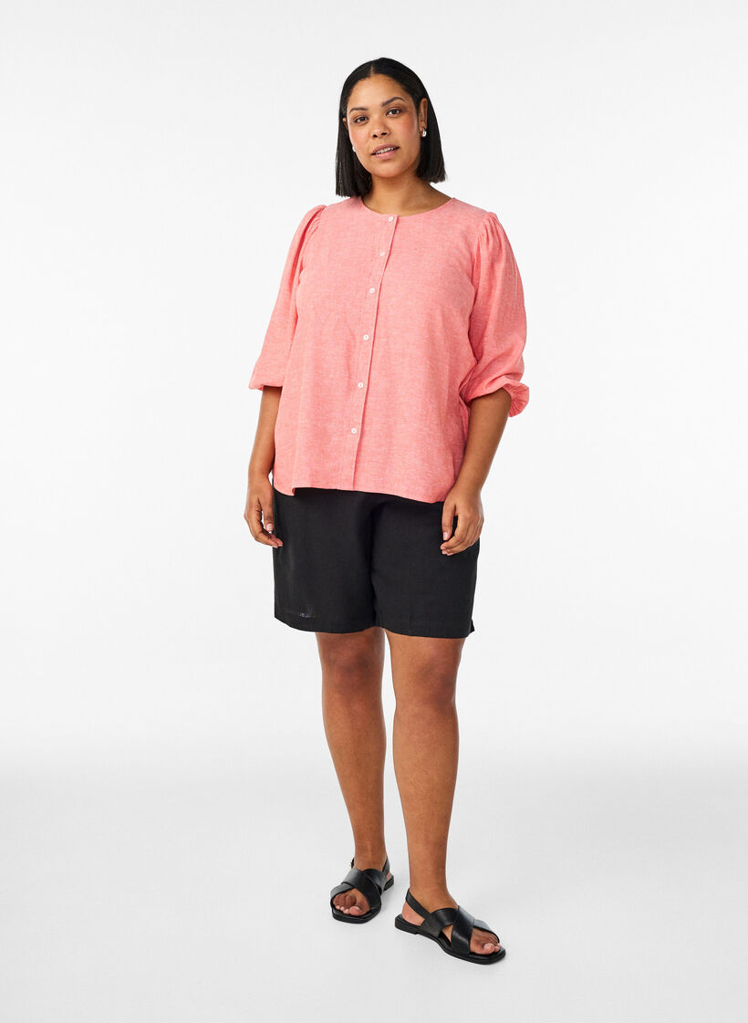 High-waisted linen and viscose shorts, Black, Model image number 1