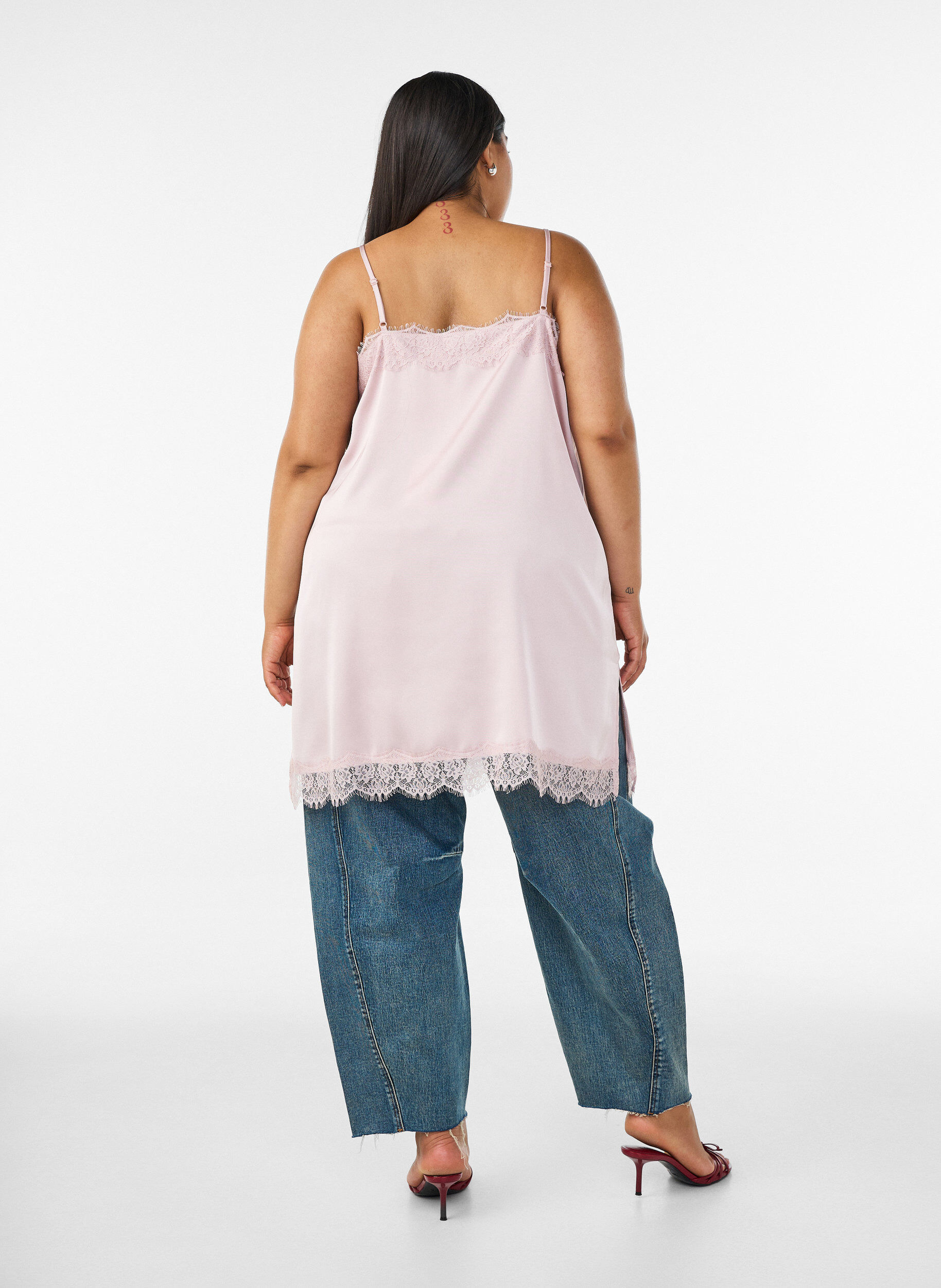 ZizzifashionLong satin top with lace edges, Red, Model image number 2