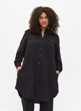 Long cotton shirt with chest pockets, Black, Model image number 0