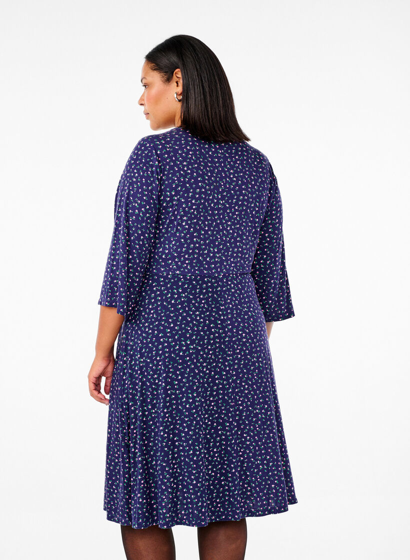 Floral wrap dress with 3/4 sleeves, Evening Blue Ditsy, Model image number 1