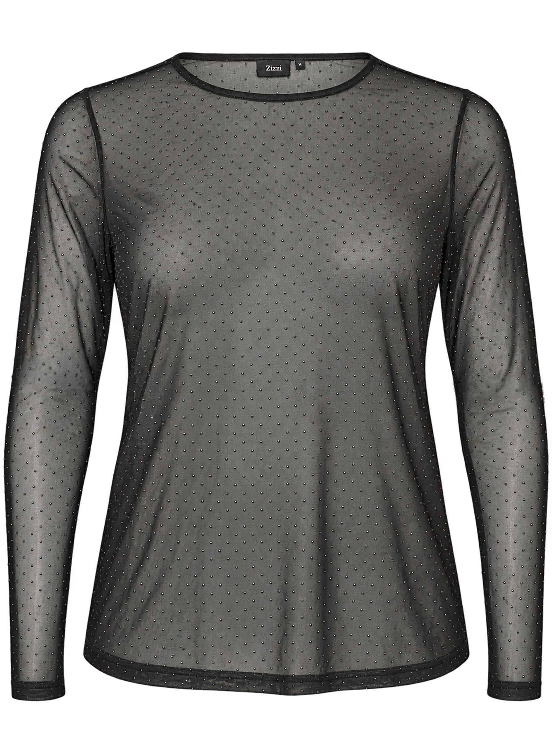 ZizzifashionSheer mesh blouse with rhinestones, Black, Packshot image number 0