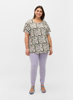 Short-sleeved viscose blouse, Green Purple Mix, Model image number 2