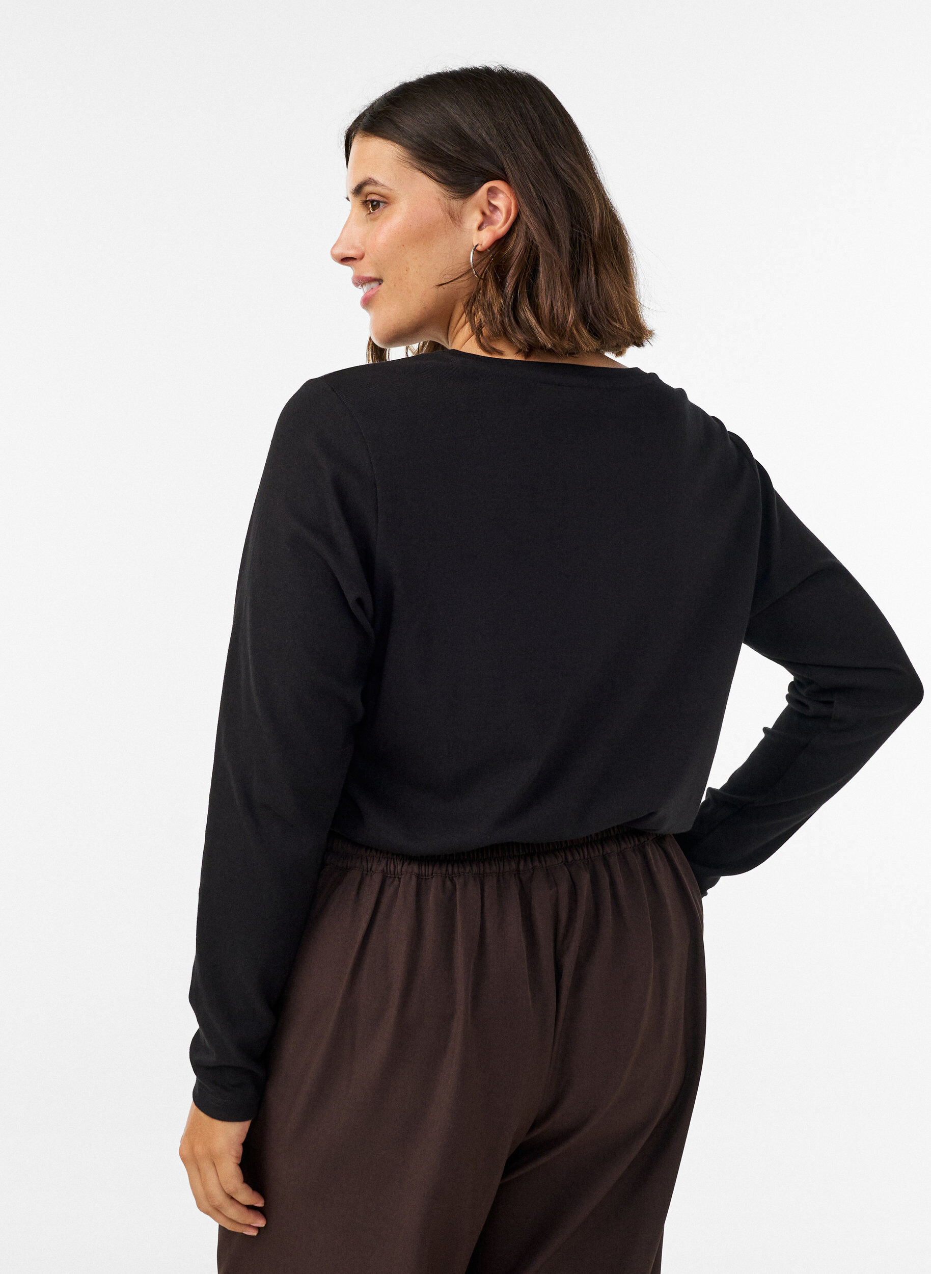 ZizzifashionLong-sleeved basic T-shirt with a round neck, Black, Model image number 2