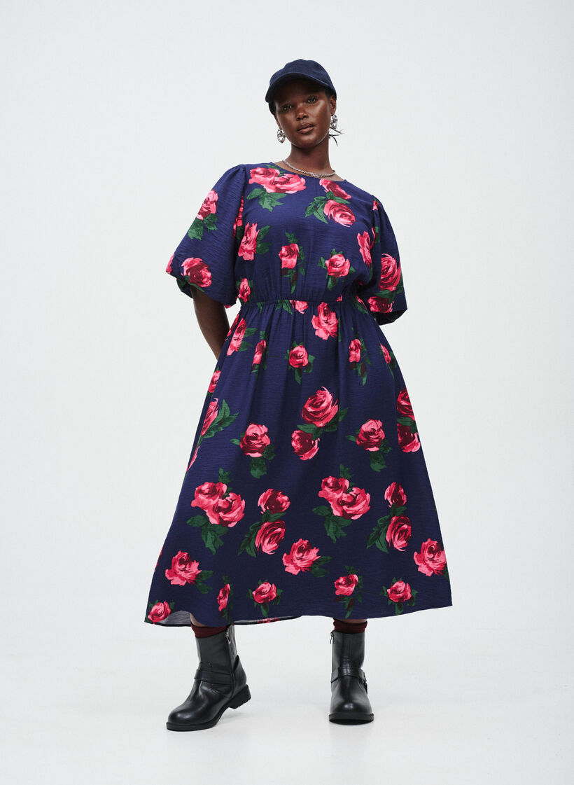 Midi dress with rose print and short balloon sleeves, Blue, Image image number 0