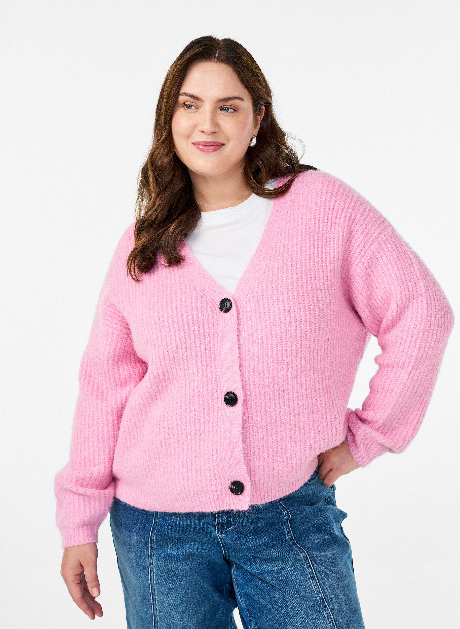 Knit cardigan with v-neck, Pink, Model
