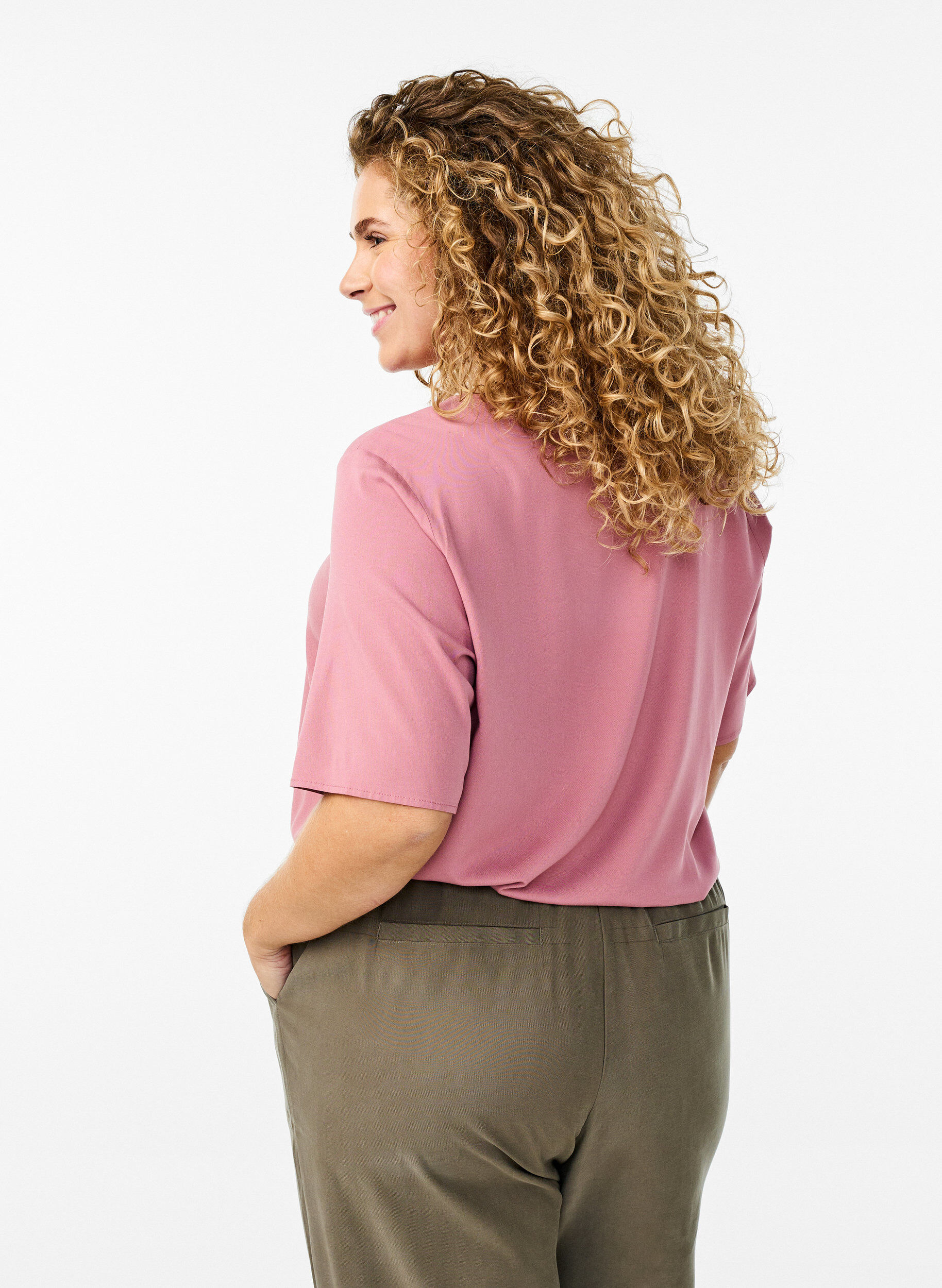 ZizzifashionShort-sleeved woven blouse with round neck, Rose, Model image number 2