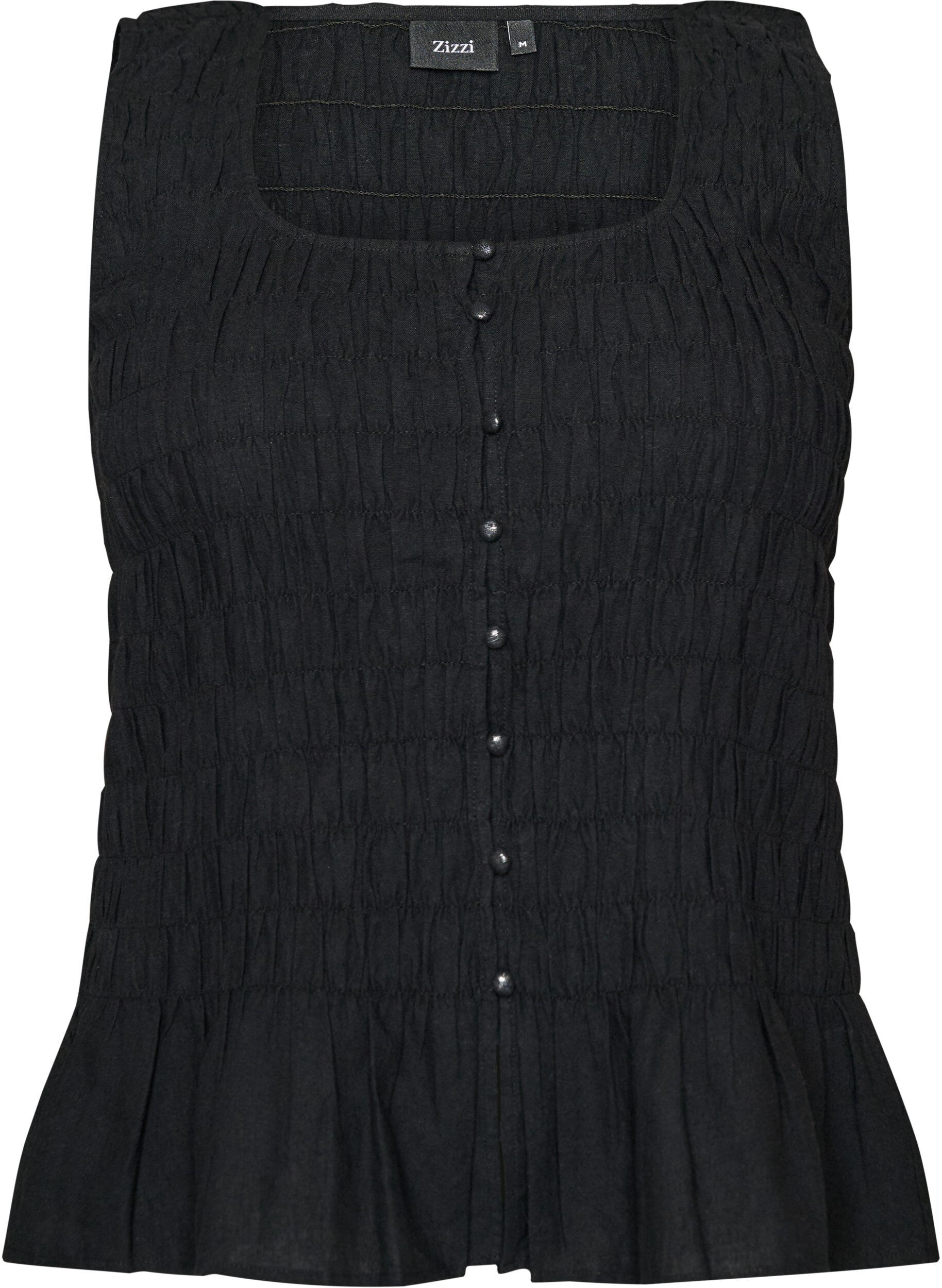 ZizzifashionSleeveless cotton and linen top with smock, Black, Packshot image number 0
