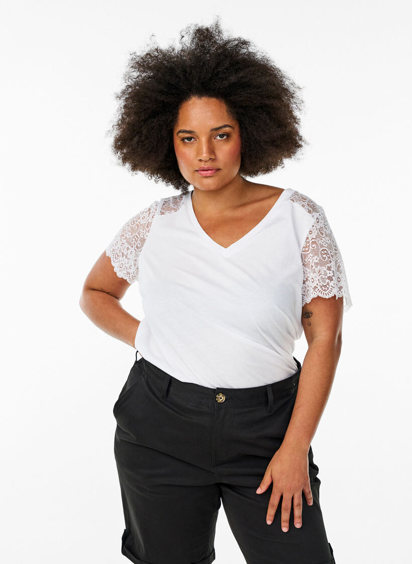 Cotton T-shirt with short lace sleeves, White, Model image number 0
