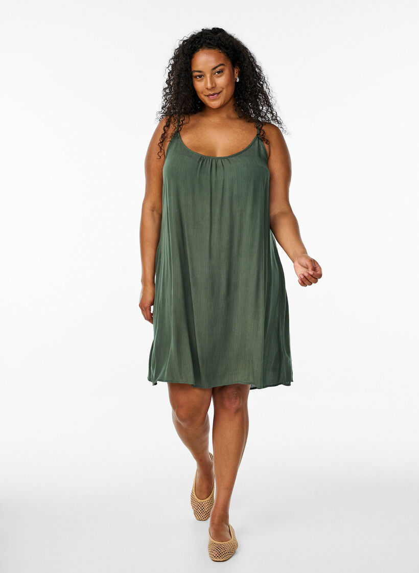 Solid colour strap dress in viscose, Green, Model image number 1