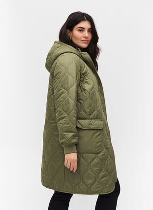Hooded quilted jacket with large pockets, Vetiver, Model image number 1