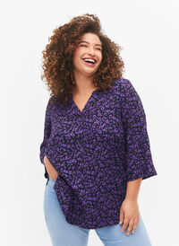 Blouse in viscose with 3/4 sleeves, Purple Leo AOP, Model
