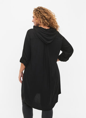 Shirt dress in viscose with hood and 3/4 sleeves, Black, Model image number 1