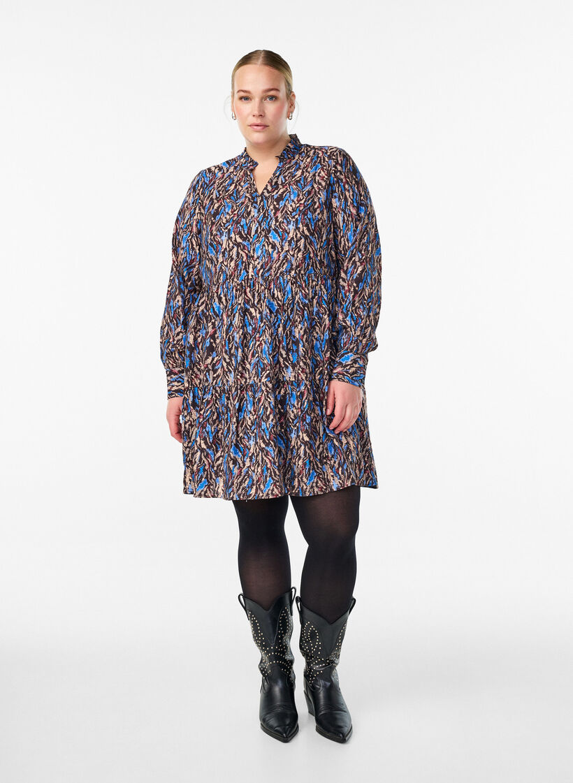 A-line dress with a ruffle collar, Blue, Model image number 1