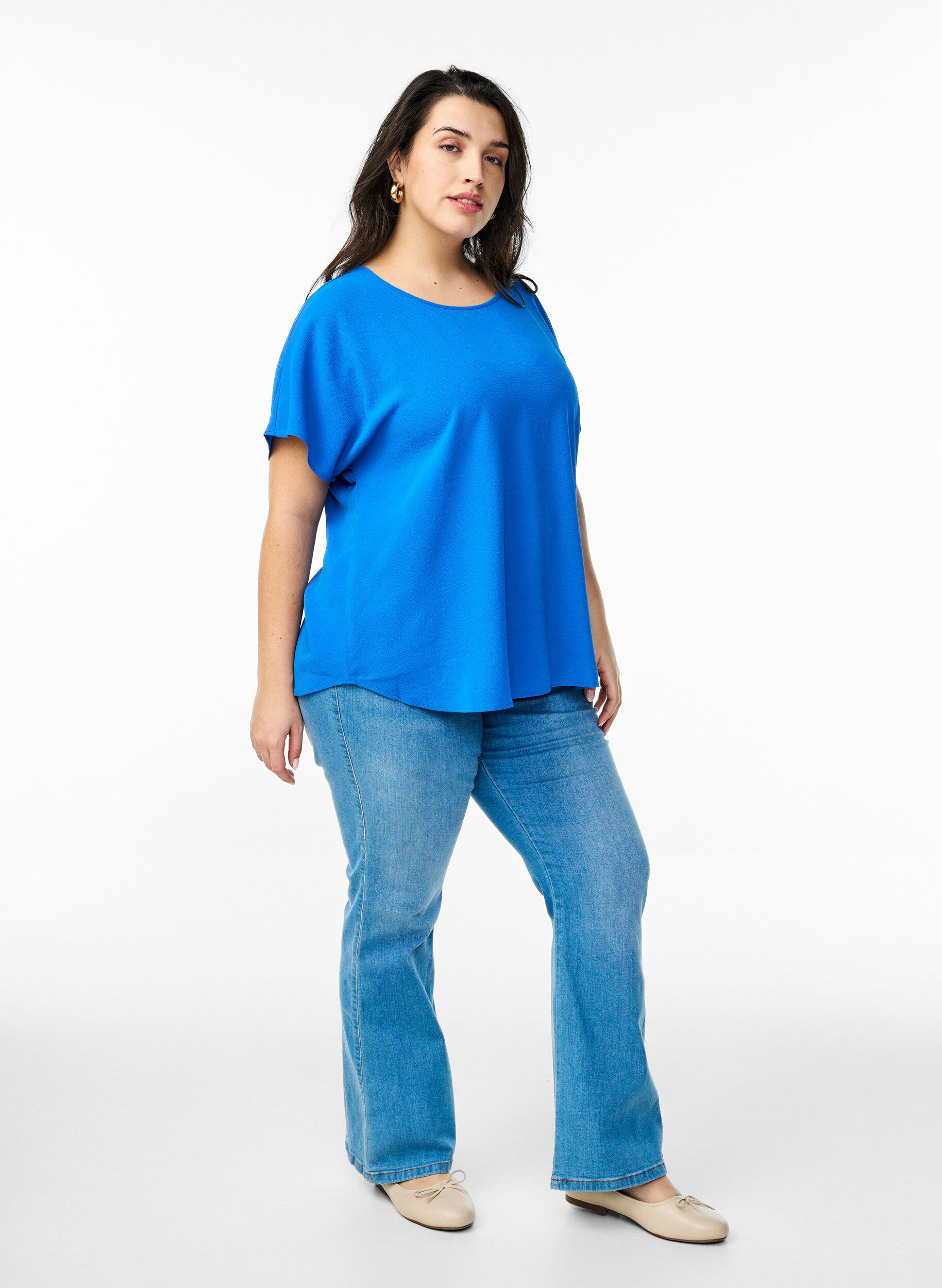 Zizzifashion Blouse with short sleeves and a round neckline, Blue, Model image number 1