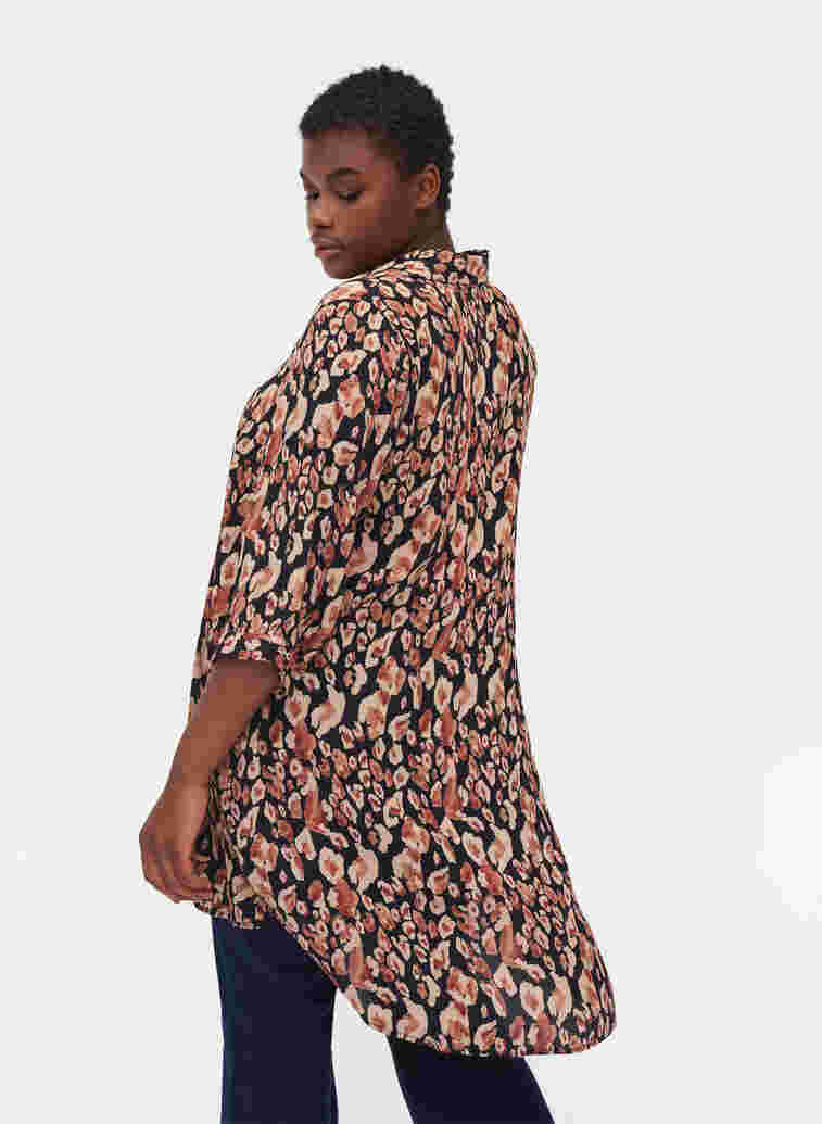 Printed viscose tunic with 3/4-length sleeves, Leo AOP, Model image number 1