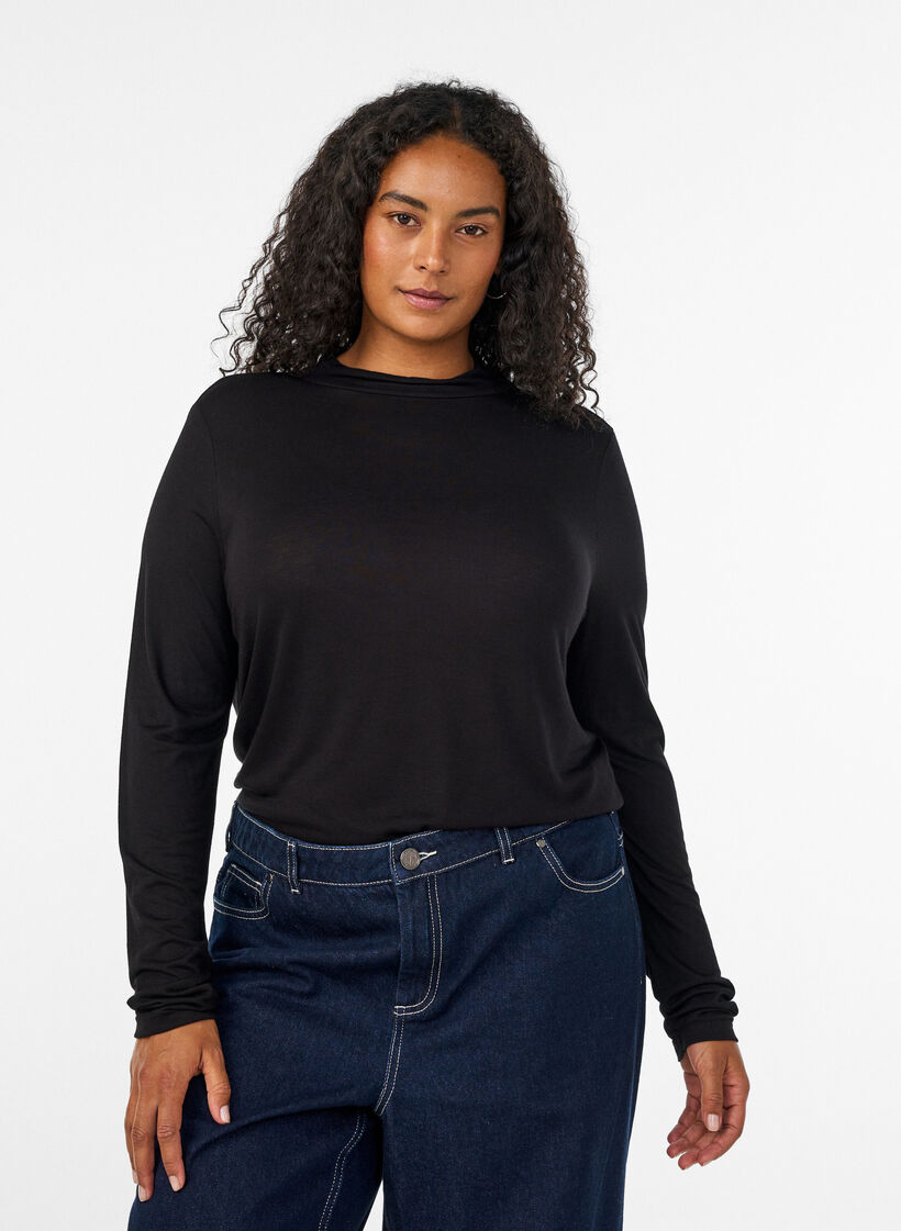 High-neck blouse in viscose jersey, Black, Model image number 0