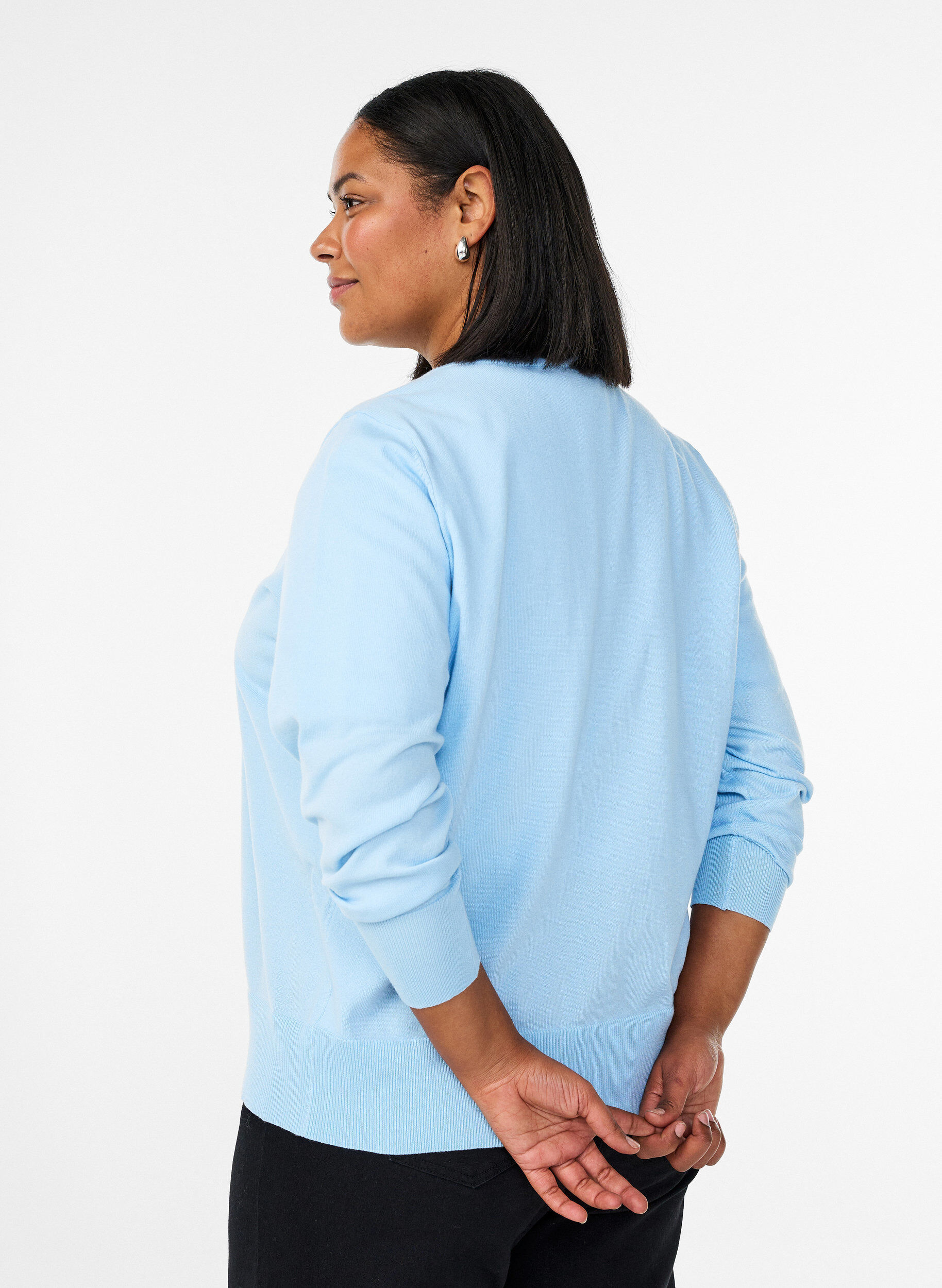 ZizzifashionFine-knit cardigan with round neck, Light Blue, Model image number 2
