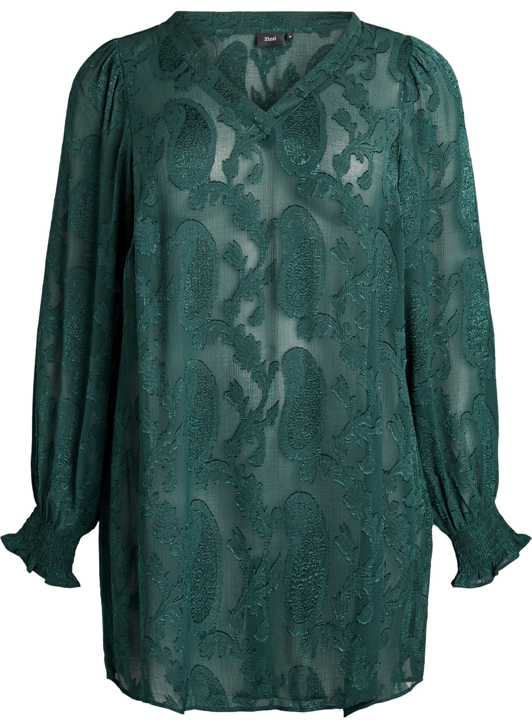 Zizzifashion Tunic with a paisley texture and long sleeves, Green, Packshot image number 0