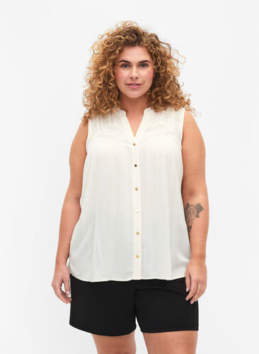 Sleeveless viscose blouse with crochet detail, Bone White, Model image number 0