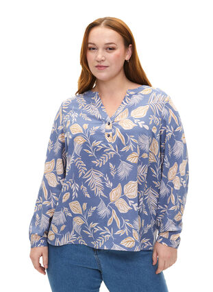 FLASH - Long sleeve blouse with print, Delft AOP, Model image number 0