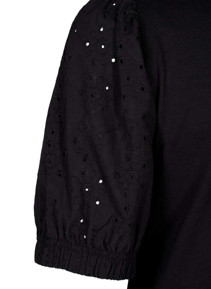 Organic cotton blouse with broderie anglaise sleeves, Black, Packshot image number 3