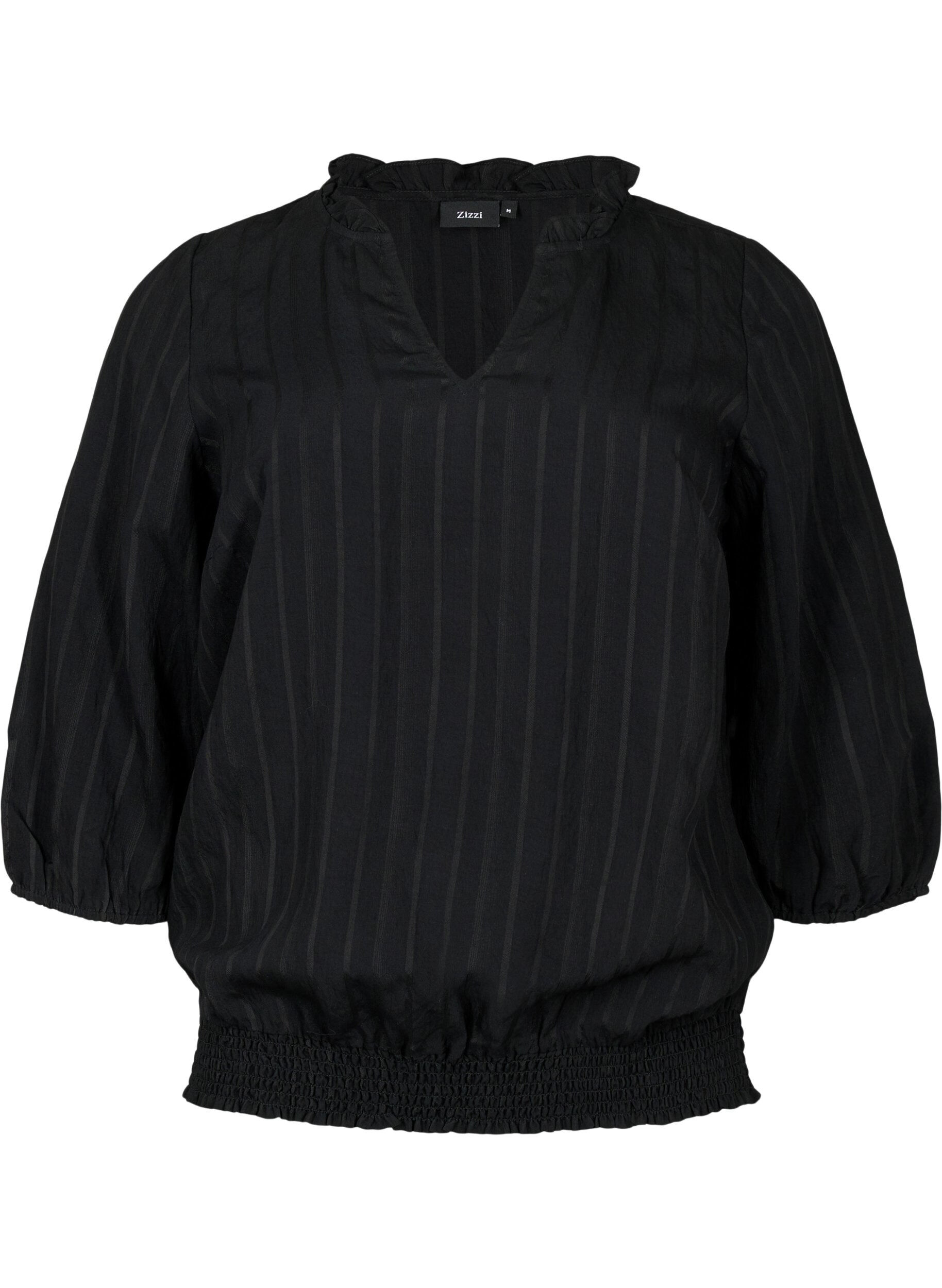 Zizzifashion Viscose blouse with 3/4 sleeves and smock, Black, Packshot image number 0