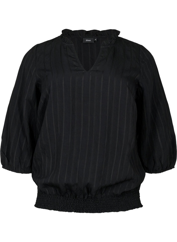Viscose blouse with 3/4 sleeves and smock, Black, Packshot image number 0