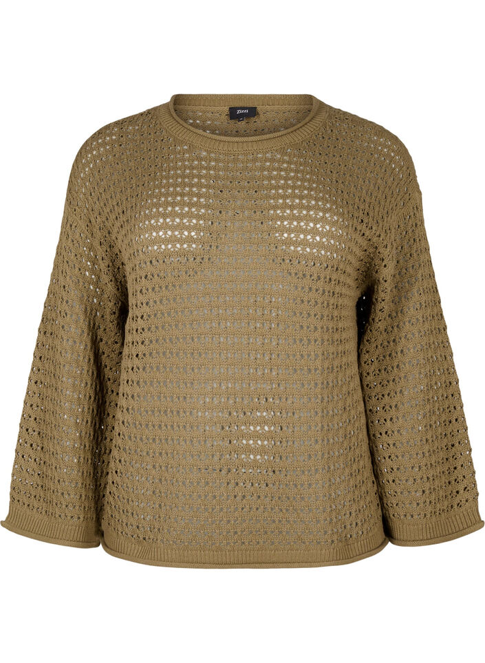 Knitted blouse with hole pattern, Dusky Green, Packshot image number 0