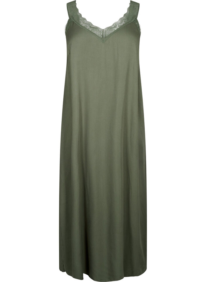 Midi-length strap dress in viscose with lace, Thyme, Packshot image number 0