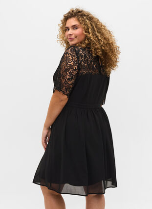 Short Sleeve dress with a lace top, Black, Model image number 1