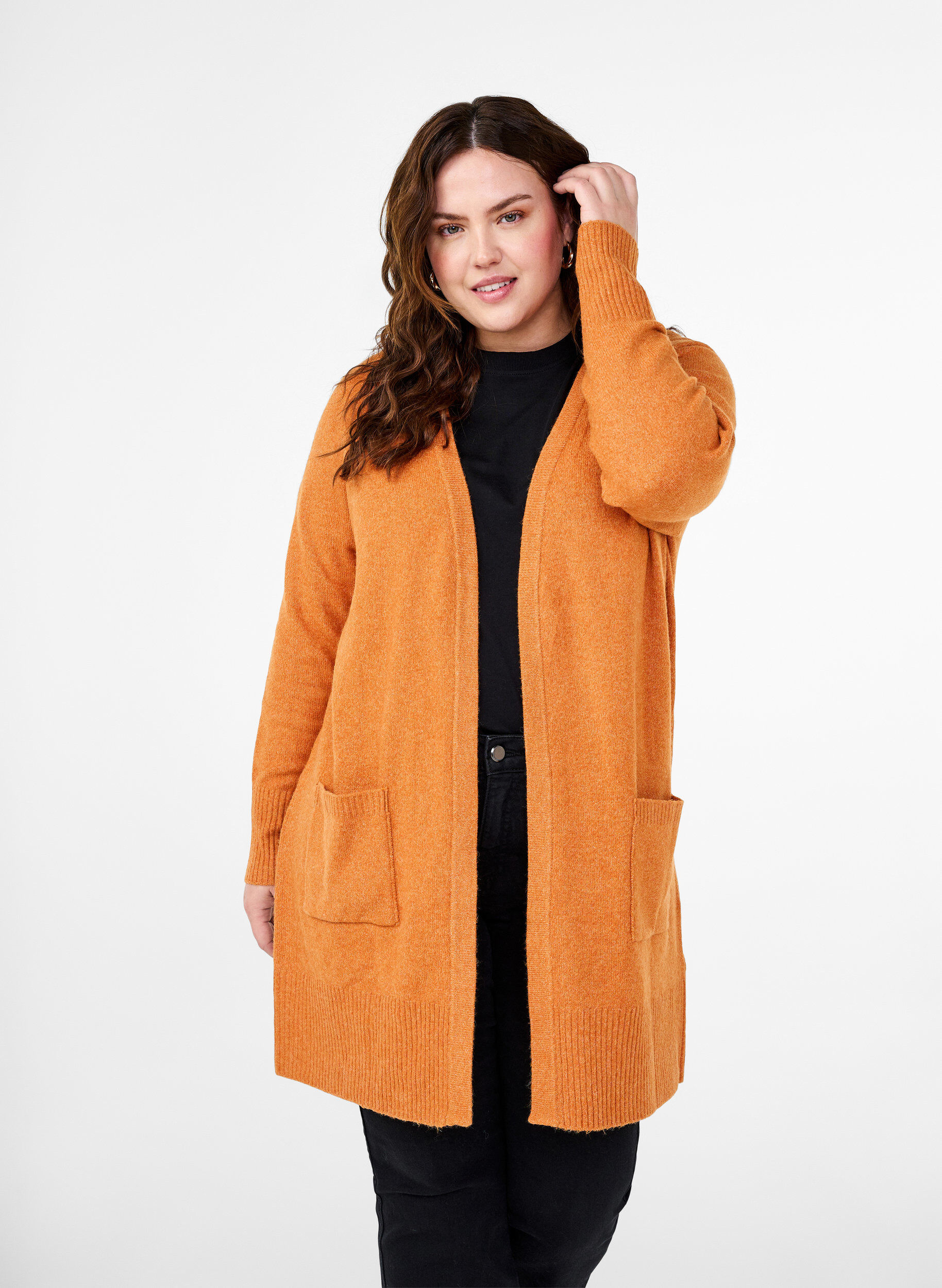 Zizzifashion Ribbed Knit Cardigan with Pockets, Orange, Model image number 0