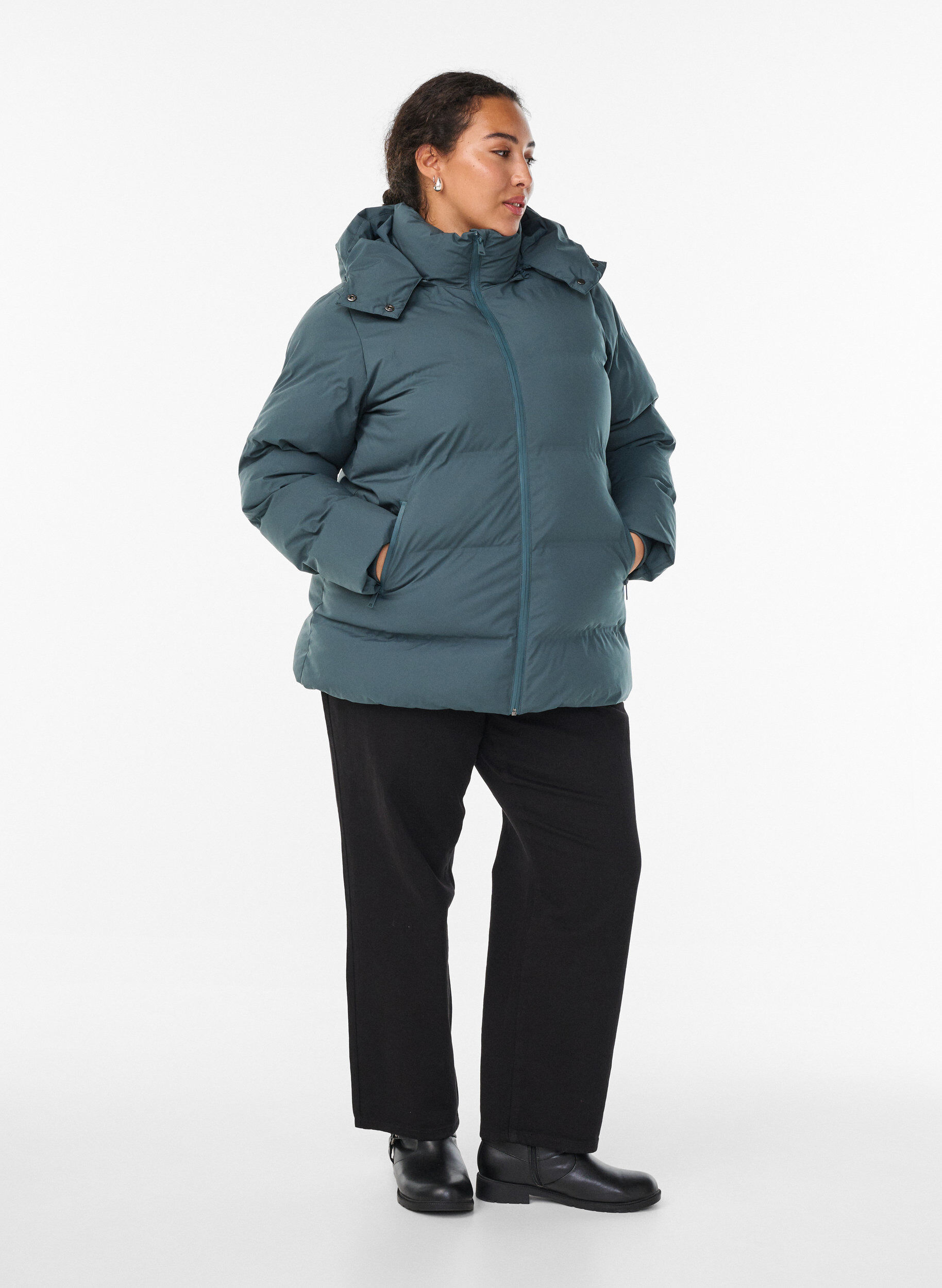 ZizzifashionShort puffer jacket with detachable hood, Green, Model image number 1