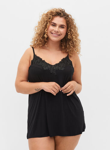 Viscose night top with lace, Black, Model image number 0