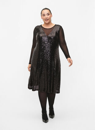 A-line sequin dress with long sleeves, Black, Model image number 3