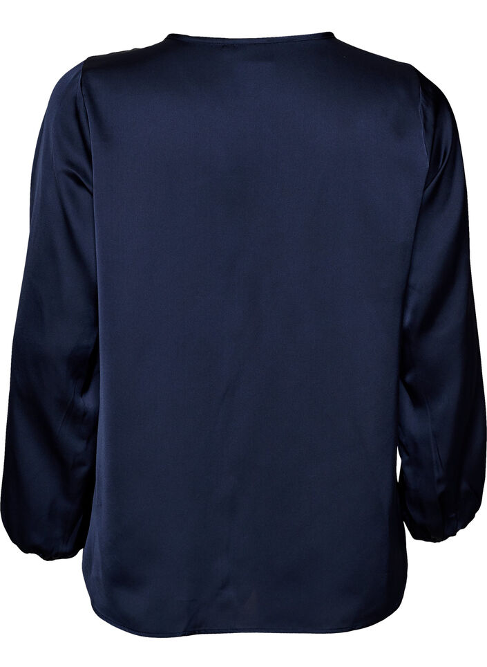 Satin blouse with lace appliqu&eacute; and pearls, Blue, Packshot image number 1