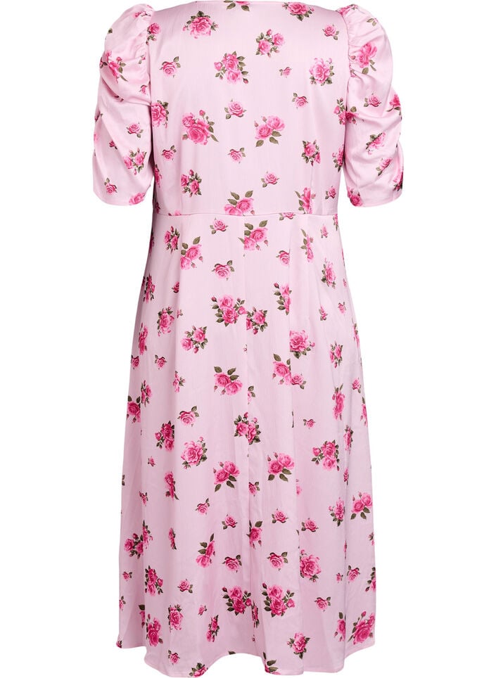 Floral midi dress with puff sleeves, Pink, Packshot image number 1