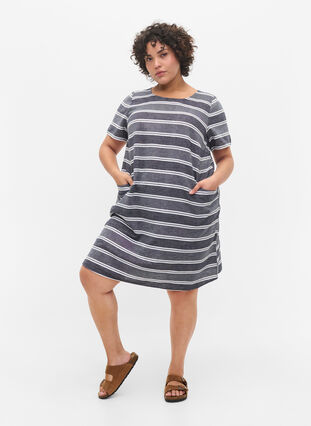 Striped, short-sleeved dress, Blue Stripe, Model image number 2