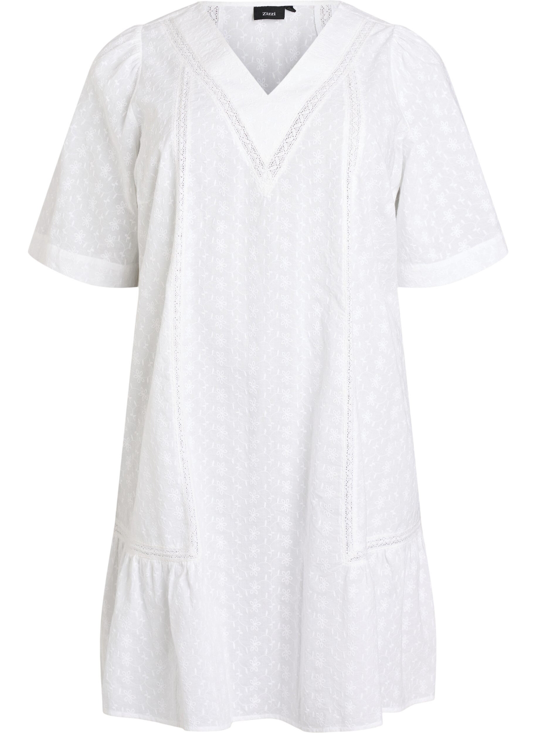 Zizzifashion Knee-length cotton dress with embroidery and a V-neck, White, Packshot image number 0