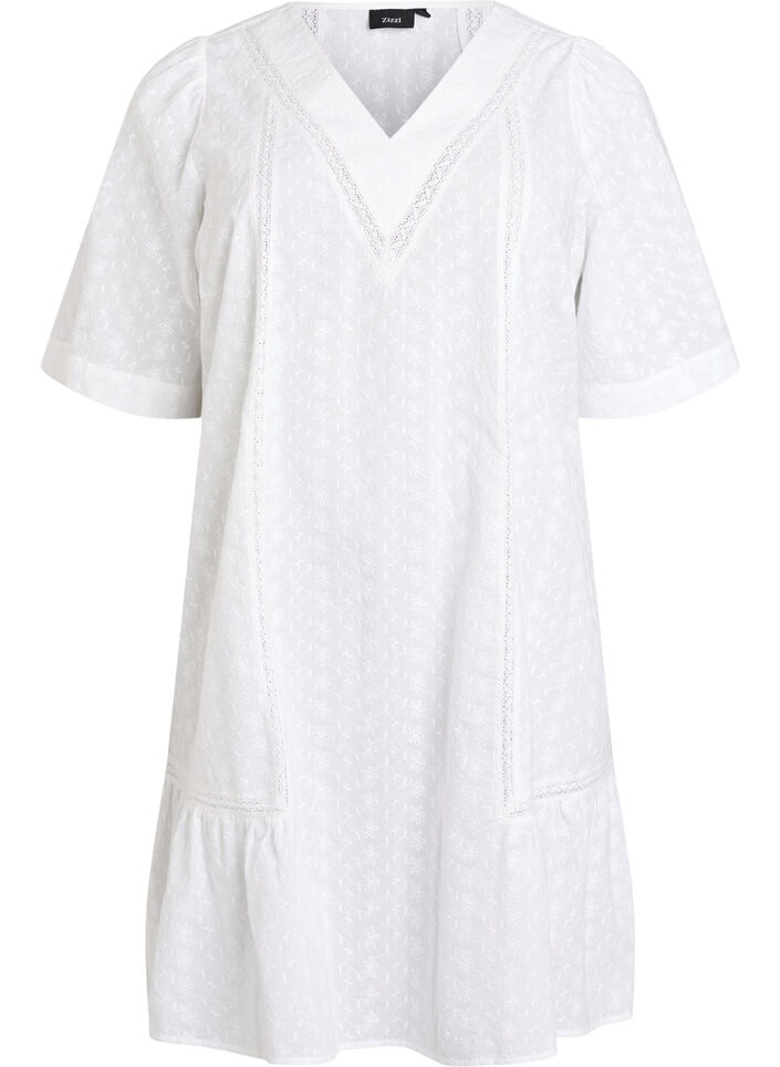 Knee-length cotton dress with embroidery and a V-neck, White, Packshot image number 0