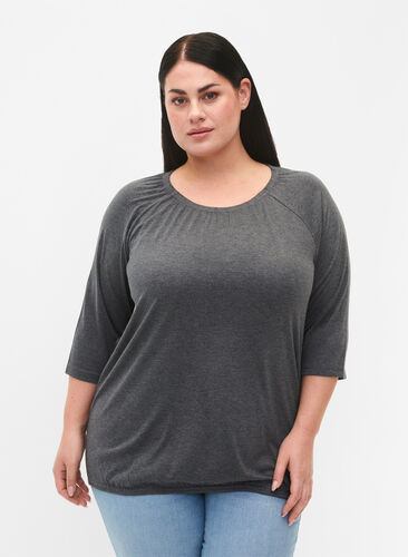 Striped blouse with 3/4 sleeves, Dark Grey Melange, Model image number 0